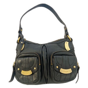 B. Makowski Black Leather Shoulder Bag Double Pocket Boho Rock Downtown Girl